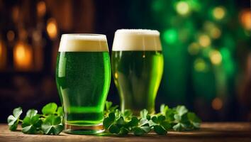 ai gerado óculos com verde cerveja, trevo folhas fundo foto