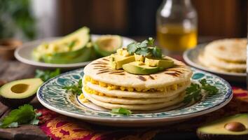 ai gerado delicioso arepas, abacates dentro a cozinha foto