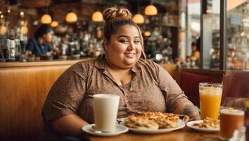 ai gerado retrato do uma muito gordo mulher dentro uma cafeteria foto