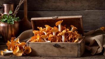 ai gerado cru chanterelle cogumelos em a velho fundo foto