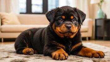 ai gerado fofa cachorro rottweiler dentro a casa foto