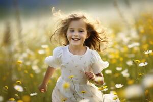 ai gerado sorridente menina corre em Prado com flores retrato do feliz criança acenando mãos entre margaridas. fechar acima do criança dentro fofa verão vestir com cabelo sopro dentro vento. borrado fundo camomila foto