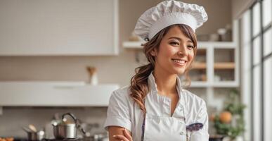 ai gerado feliz mulher cozinhar dentro restaurante cozinha foto