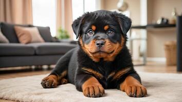 ai gerado fofa cachorro rottweiler dentro a casa foto