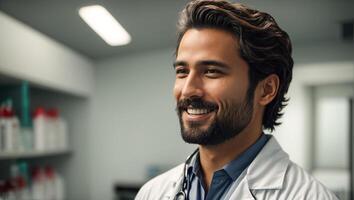 ai gerado sorridente masculino médico dentro clínica foto