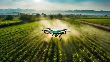 ai gerado zangão moscas e sprays verde plantas dentro a camas foto