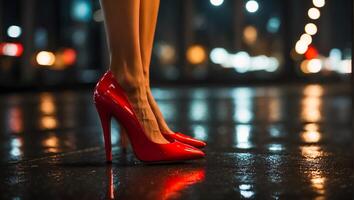 ai gerado fêmea pernas dentro lindo vermelho patente couro estiletes às noite foto