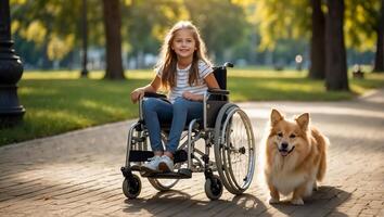 ai gerado pequeno menina dentro uma cadeira de rodas em a rua com uma cachorro foto