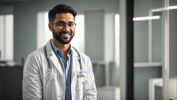 ai gerado sorridente masculino médico dentro clínica foto
