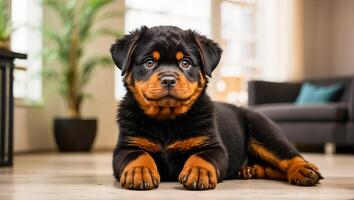 ai gerado fofa cachorro rottweiler dentro a casa foto