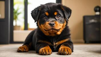 ai gerado fofa cachorro rottweiler dentro a casa foto