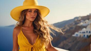 ai gerado retrato do uma lindo menina dentro uma chapéu e vestido de verão contra a pano de fundo do Grécia foto