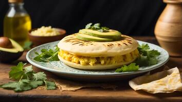 ai gerado delicioso arepas, abacates dentro a cozinha foto