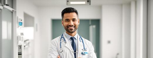 ai gerado sorridente masculino médico dentro clínica foto