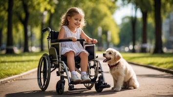 ai gerado pequeno menina dentro uma cadeira de rodas em a rua com uma cachorro foto