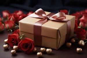 ai gerado títulos do a coração, uma presente caixa embrulhado dentro calor para uma dia dos namorados ou aniversário celebração foto