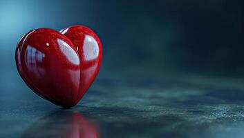ai gerado uma lustroso vermelho coração em uma reflexivo superfície debaixo suave iluminação foto