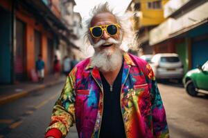 ai gerado retrato do uma alegre feliz idosos homem com óculos em uma rua fundo foto