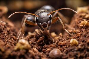 ai gerado a formiga rasteja em a terra durante a dia. macro fotografia foto