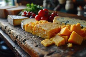 ai gerado fatiamento diferente queijos deitado em uma de madeira borda contra a fundo do a cozinha foto