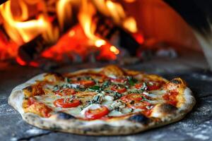 ai gerado delicioso fresco italiano pizza mentiras perto a forno, cozido dentro uma Madeira queimando forno foto