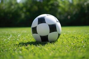 ai gerado uma futebol bola é colocada em a verde gramado dentro antecipação do a equipes praticando foto