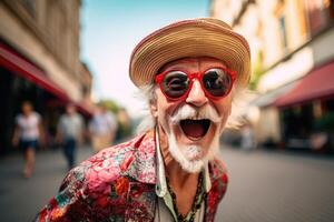 ai gerado retrato do uma alegre feliz idosos homem com óculos em uma rua fundo foto