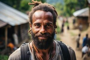 ai gerado retrato do uma alegre barbudo viajante com uma mochila contra a fundo do natureza. Guiné foto