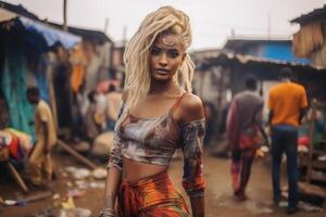 ai gerado retrato do uma à moda jovem menina dentro a africano favela foto