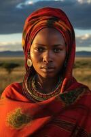 ai gerado retrato do a africano menina dentro nacional roupas e dentro uma nacional cocar em a fundo do a savana foto