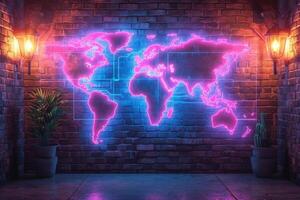 ai gerado uma mundo mapa em a parede com néon iluminação. desenhador decoração em a parede dentro a quarto foto