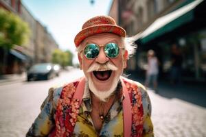 ai gerado retrato do uma alegre feliz idosos homem com óculos em uma rua fundo foto
