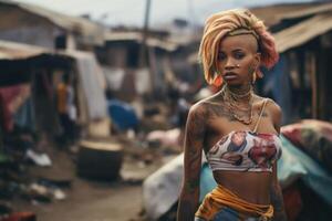 ai gerado retrato do uma à moda jovem menina dentro a africano favela foto