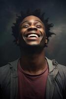 ai gerado retrato do uma alegre africano dentro fechar-se em uma Preto fundo dentro a estúdio foto