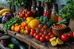 ai gerado legumes e frutas estão liderar Fora dentro uma prato em a cozinha mesa. a conceito do saudável comendo foto