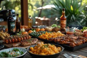 ai gerado a Comida é cozinhou em a churrasco. churrasco, milho cozinhou em a mesa. uma piquenique dentro a quintal durante uma família feriado foto