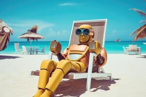 ai gerado a robô é em repouso em uma chaise longo. a robô é banhos de sol em uma ensolarado de praia perto a mar. animação foto