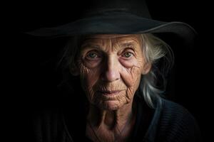 ai gerado retrato do a idosos mulher dentro uma chapéu, em uma Preto fundo foto