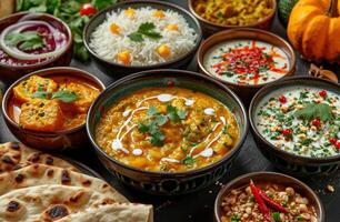 ai gerado vários pratos Incluindo kheer e roti belas apresentado em pequeno pratos, gudi Padwa doces e cozinha imagem foto