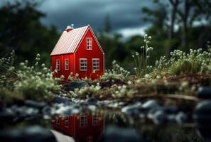 ai gerado minúsculo vermelho casa senta pacificamente dentro a verde grama, minúsculo casas cenário foto