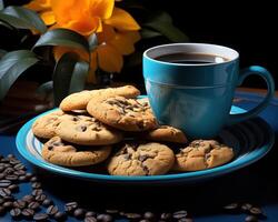 ai gerado copo do café e biscoitos em uma placa, lindo café copo imagem foto