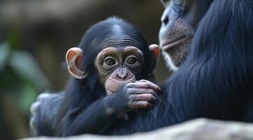 ai gerado fofa chimpanzé bebê jogando com Está mãe dentro uma selva, bebê animais cenário foto