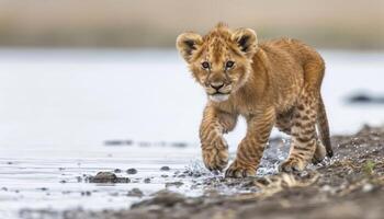 ai gerado bebê leão anda em de água explorando Está arredores com curiosidade e inocência, bebê animais imagem foto