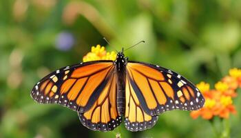 ai gerado gracioso monarca borboleta exibindo vibrante asas dentro uma jardim, insetos e borboletas imagem foto