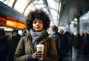 ai gerado mulher em pé segurando café copo dentro metrô estação, público transporte cidade cenário foto