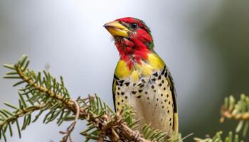 ai gerado vibrante vermelho e amarelo barbet pássaro empoleirado em uma ramo dentro Está natural habitat, bebê animais imagem foto