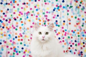 ai gerado fofa adorável aniversário branco gato sentado em branco confete fundo. foto