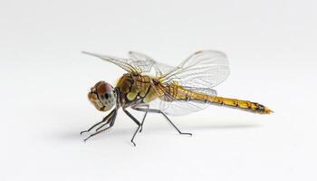 ai gerado colorida libélula empoleirado em uma Claro branco fundo, insetos e borboletas imagem foto