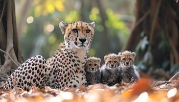 ai gerado guepardo e filhotes vaguear floresta explorando natureza maravilhas, bebê animais cenário foto