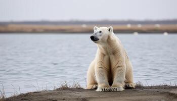 ai gerado polar Urso de a lago observando a sereno arredores, bebê animais imagem foto